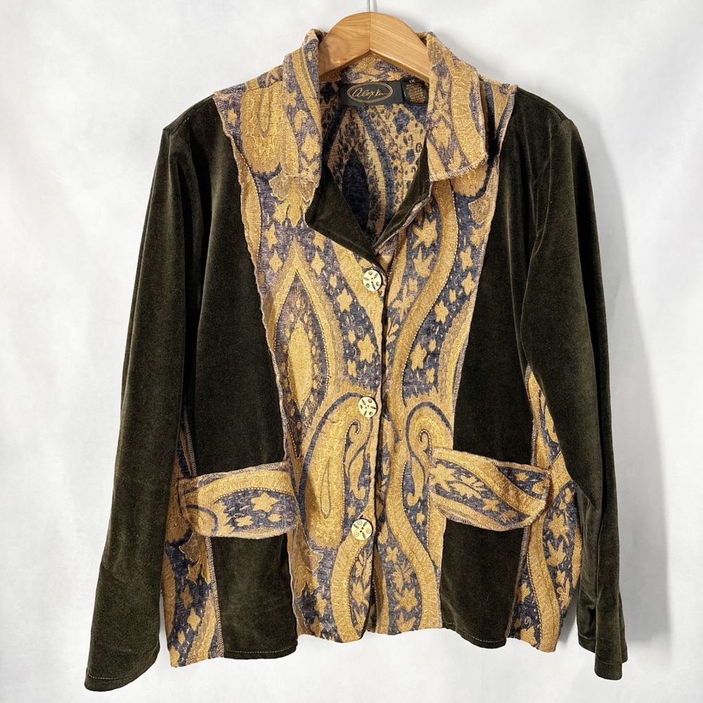 Vintage Alex Kim Cotton Long Sleeve Paisley Green Gold Jacket Women's Size 1X